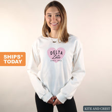 Load image into Gallery viewer, Delta Zeta Sweatshirt | DZ Pink Heart Crewneck Sweatshirt | Delta Zeta Sorority Gift Idea - Kite and Crest