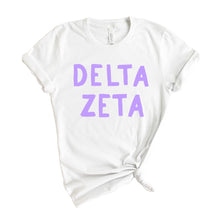 Load image into Gallery viewer, Delta Zeta T-shirt - Dee Zee (DZ) Purple Bubble Letters Tee - Kite and Crest