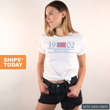Load image into Gallery viewer, Delta Zeta T-shirt - Dee Zee (DZ) Year and Flag Tee - Kite and Crest
