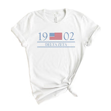 Load image into Gallery viewer, Delta Zeta T-shirt - Dee Zee (DZ) Year and Flag Tee - Kite and Crest