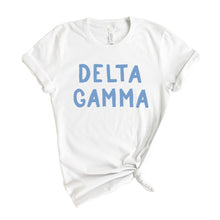 Load image into Gallery viewer, DG Delta Gamma Blue Bubble Letter Sorority T-Shirt - Kite and Crest