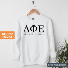Load image into Gallery viewer, DPHIE Delta Phi Epsilon Block Letter Sorority Crewneck Sweatshirt - Kite and Crest