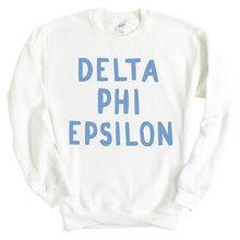 Load image into Gallery viewer, DPHIE Delta Phi Epsilon Blue Bubble Letter Sorority Crewneck Sweatshirt - Kite and Crest