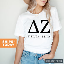 Load image into Gallery viewer, DZ Delta Zeta Block Letter Sorority T-Shirt - Kite and Crest