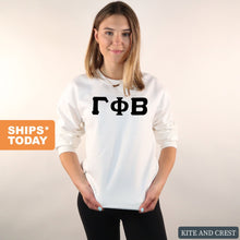 Load image into Gallery viewer, Gamma Phi Beta Sweatshirt | GPHI Basic Black Letters Crewneck Sweatshirt | Gamma Phi Beta Sorority Gift Idea - Kite and Crest