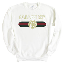 Load image into Gallery viewer, Gamma Phi Beta Sweatshirt - GPHI (Gamma Phi) Golden Stripes Crewneck Sweatshirt - Kite and Crest