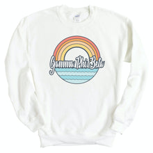 Load image into Gallery viewer, Gamma Phi Beta Sweatshirt - GPHI (Gamma Phi) Wavy Rainbow Crewneck Sweatshirt - Kite and Crest