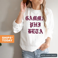 Load image into Gallery viewer, Gamma Phi Beta Sweatshirt | GPHI Old Type Written Crewneck Sweatshirt | Gamma Phi Beta Sorority Gift Idea - Kite and Crest