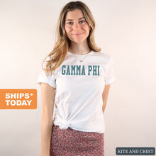 Load image into Gallery viewer, Gamma Phi Beta T-shirt - Gamma Phi (GPHI) Blue Retro Tee - Kite and Crest