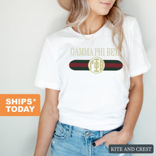 Load image into Gallery viewer, Gamma Phi Beta T-shirt - Gamma Phi (GPHI) Golden Stripes Tee - Kite and Crest