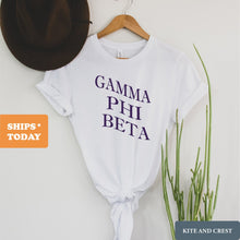 Load image into Gallery viewer, Gamma Phi Beta T-Shirt | GPHI Large and Wavy Letters Shirt | Gamma Phi Beta Sorority Gift Idea - Kite and Crest