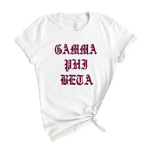 Load image into Gallery viewer, Gamma Phi Beta T-Shirt | GPHI Old Type Written Shirt | Gamma Phi Beta Sorority Gift Idea - Kite and Crest