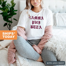 Load image into Gallery viewer, Gamma Phi Beta T-Shirt | GPHI Old Type Written Shirt | Gamma Phi Beta Sorority Gift Idea - Kite and Crest