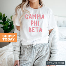 Load image into Gallery viewer, Gamma Phi Beta T-Shirt | GPHI Pink Bubble Letters Shirt | Gamma Phi Beta Sorority Gift Idea - Kite and Crest