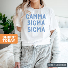 Load image into Gallery viewer, Gamma Sigma Sigma Blue Bubble Letters T-shirt - Kite and Crest