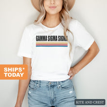 Load image into Gallery viewer, Gamma Sigma Sigma Colorful Stripes T-shirt - Kite and Crest