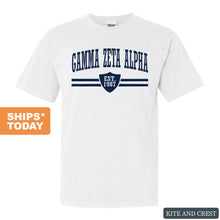 Load image into Gallery viewer, Gamma Zeta Alpha Striped Shield Comfort Colors T-Shirt - Fraternity Tee - Kite and Crest