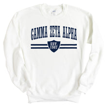 Load image into Gallery viewer, Gamma Zeta Alpha Striped Shield Sweatshirt - Fraternity Crewneck Sweatshirt - Kite and Crest