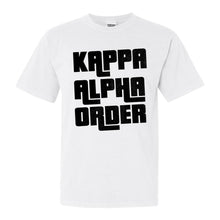 Load image into Gallery viewer, Kappa Alpha Order Comfort Colors T-Shirt - KA Stacked Letters Shirt - Kite and Crest