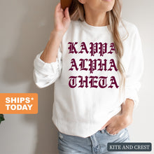 Load image into Gallery viewer, Kappa Alpha Theta Sweatshirt | Theta Old Type Written Crewneck Sweatshirt | Kappa Alpha Theta Sorority Gift Idea - Kite and Crest