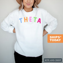Load image into Gallery viewer, Kappa Alpha Theta Sweatshirt | Theta Rainbow Letter Crewneck Sweatshirt | Kappa Alpha Theta Sorority Gift Idea - Kite and Crest