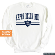 Load image into Gallery viewer, Kappa Delta Rho Striped Shield Sweatshirt - Fraternity Crewneck Sweatshirt - Kite and Crest