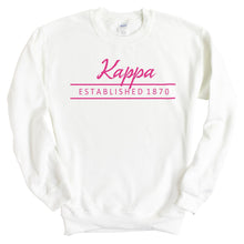 Load image into Gallery viewer, Kappa Kappa Gamma Sweatshirt | Kappa (KKG) Pink Established Crewneck Sweatshirt | Kappa Kappa Gamma Sorority Gift Idea - Kite and Crest