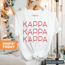 Load image into Gallery viewer, Kappa Kappa Gamma T-Shirt | Kappa (KKG) Red and Stacked Shirt | Kappa Kappa Gamma Sorority Gift Idea - Kite and Crest
