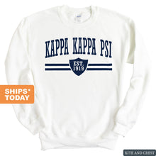 Load image into Gallery viewer, Kappa Kappa Psi Striped Shield Sweatshirt - Fraternity Crewneck Sweatshirt - Kite and Crest