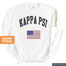 Load image into Gallery viewer, Kappa Psi Traditional Flag Sweatshirt - Fraternity Crewneck Sweatshirt - Kite and Crest