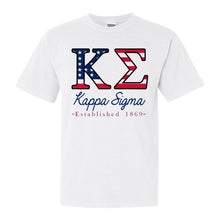 Load image into Gallery viewer, Kappa Sigma Comfort Colors T-Shirt - Kappa Sig American Flag Letters Shirt - Kite and Crest