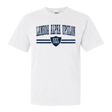 Load image into Gallery viewer, Lambda Alpha Upsilon Striped Shield Comfort Colors T-Shirt - Fraternity Tee - Kite and Crest