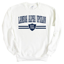 Load image into Gallery viewer, Lambda Alpha Upsilon Striped Shield Sweatshirt - Fraternity Crewneck Sweatshirt - Kite and Crest