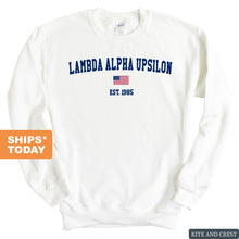 Load image into Gallery viewer, Lambda Alpha Upsilon USA Flag Sweatshirt - Fraternity Crewneck Sweatshirt - Kite and Crest