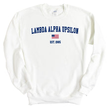 Load image into Gallery viewer, Lambda Alpha Upsilon USA Flag Sweatshirt - Fraternity Crewneck Sweatshirt - Kite and Crest