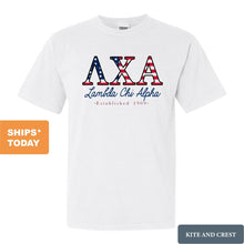 Load image into Gallery viewer, Lambda Chi Alpha Comfort Colors T-Shirt - Lambda Chi American Flag Letters Shirt - Kite and Crest