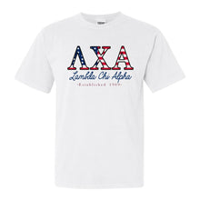 Load image into Gallery viewer, Lambda Chi Alpha Comfort Colors T-Shirt - Lambda Chi American Flag Letters Shirt - Kite and Crest