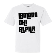 Load image into Gallery viewer, Lambda Chi Alpha Comfort Colors T-Shirt - Lambda Chi Stacked Letters Shirt - Kite and Crest