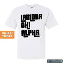 Load image into Gallery viewer, Lambda Chi Alpha Comfort Colors T-Shirt - Lambda Chi Stacked Letters Shirt - Kite and Crest