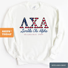 Load image into Gallery viewer, Lambda Chi Alpha Sweatshirt - Lambda Chi American Flag Letters Crewneck Sweatshirt - Kite and Crest
