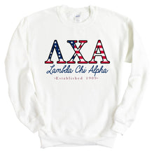 Load image into Gallery viewer, Lambda Chi Alpha Sweatshirt - Lambda Chi American Flag Letters Crewneck Sweatshirt - Kite and Crest