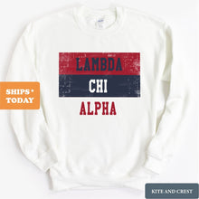 Load image into Gallery viewer, Lambda Chi Alpha Sweatshirt - Lambda Chi Colorful Stripe Crewneck Sweatshirt - Kite and Crest