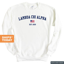 Load image into Gallery viewer, Lambda Chi Alpha Sweatshirt - Lambda Chi USA Flag Crewneck Sweatshirt - Kite and Crest