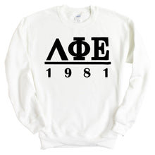 Load image into Gallery viewer, Lambda Phi Epsilon Black Letter Sweatshirt - Fraternity Crewneck Sweatshirt - Kite and Crest