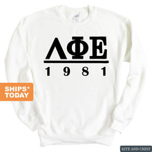 Load image into Gallery viewer, Lambda Phi Epsilon Black Letter Sweatshirt - Fraternity Crewneck Sweatshirt - Kite and Crest