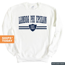 Load image into Gallery viewer, Lambda Phi Epsilon Striped Shield Sweatshirt - Fraternity Crewneck Sweatshirt - Kite and Crest