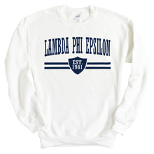 Load image into Gallery viewer, Lambda Phi Epsilon Striped Shield Sweatshirt - Fraternity Crewneck Sweatshirt - Kite and Crest