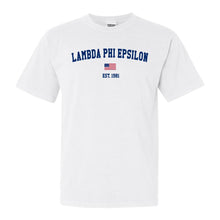 Load image into Gallery viewer, Lambda Phi Epsilon USA Flag Comfort Colors T-Shirt - Fraternity Tee - Kite and Crest