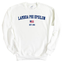 Load image into Gallery viewer, Lambda Phi Epsilon USA Flag Sweatshirt - Fraternity Crewneck Sweatshirt - Kite and Crest