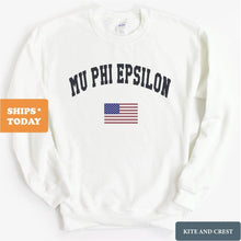 Load image into Gallery viewer, Mu Phi Epsilon Traditional Flag Sweatshirt - Fraternity Crewneck Sweatshirt - Kite and Crest